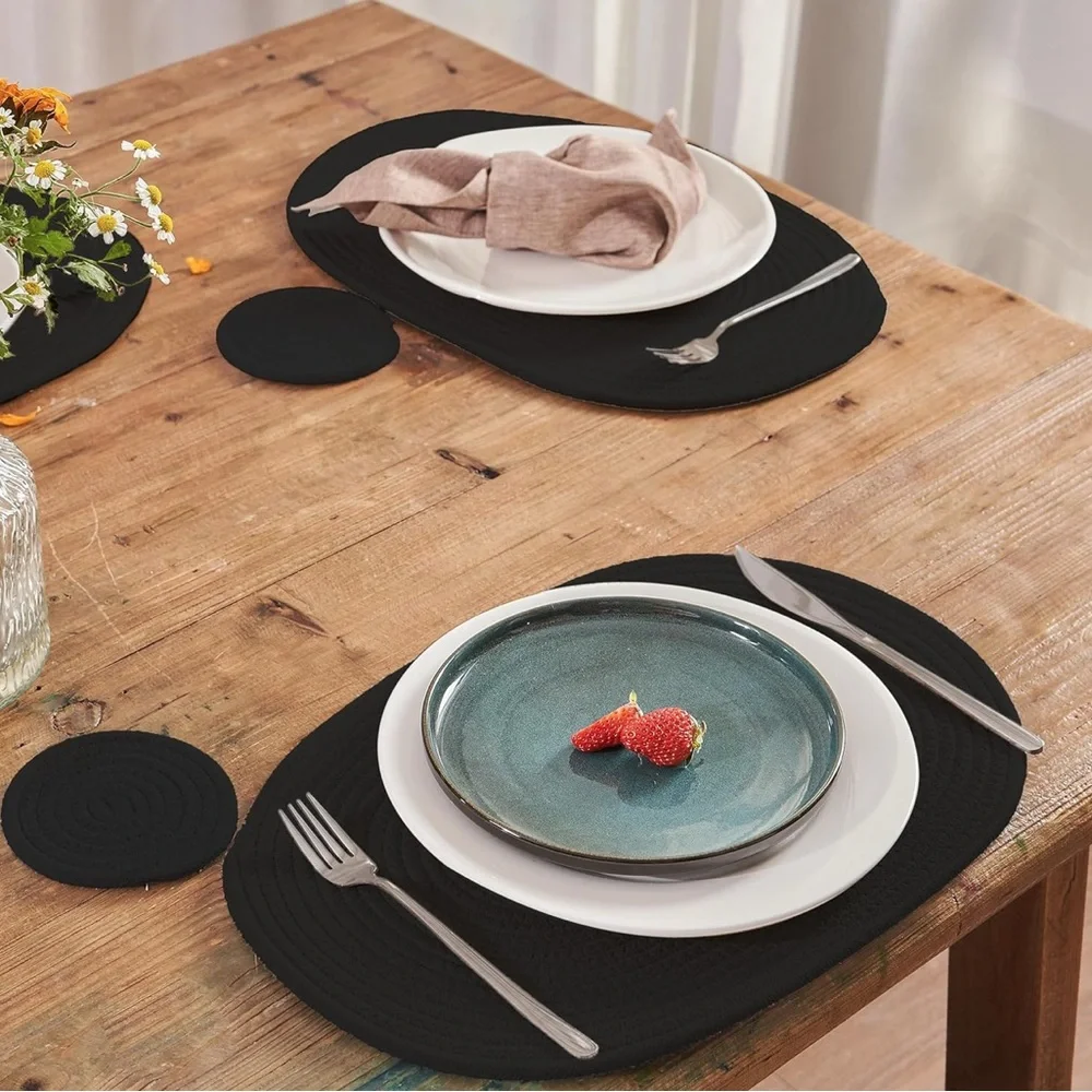 Contemporary/Boho Farmhouse Black Rope Place Mat & Coaster 13 Piece Table Set